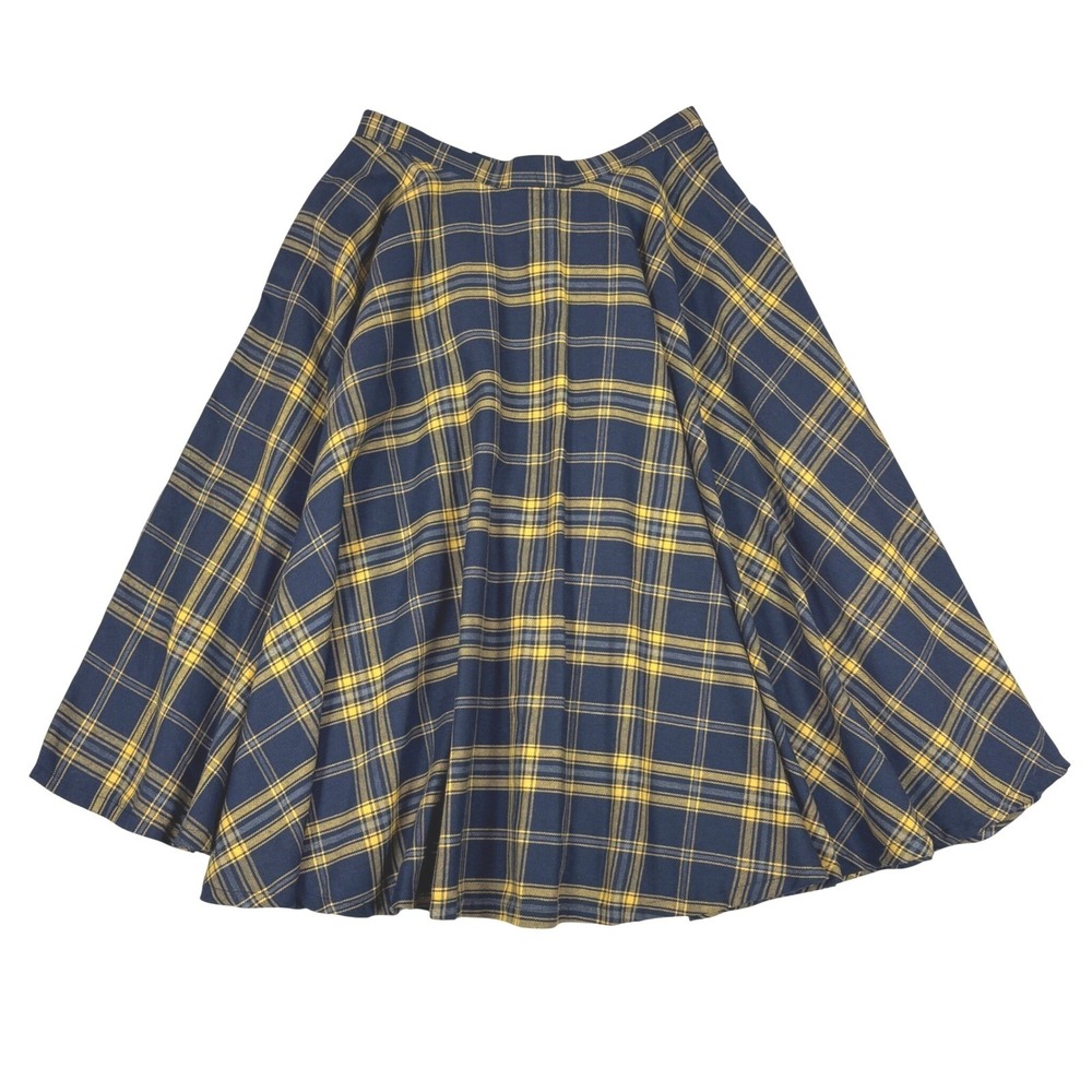 Magnolia Place Navy Yellow Plaid Circle Skirt Midi with Pockets Size Small NWT